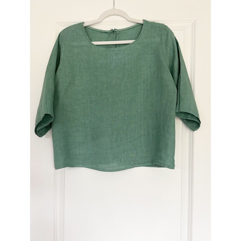 Italian Linen Boxy Top Green Button Back 100% Linen Made in Italy OS